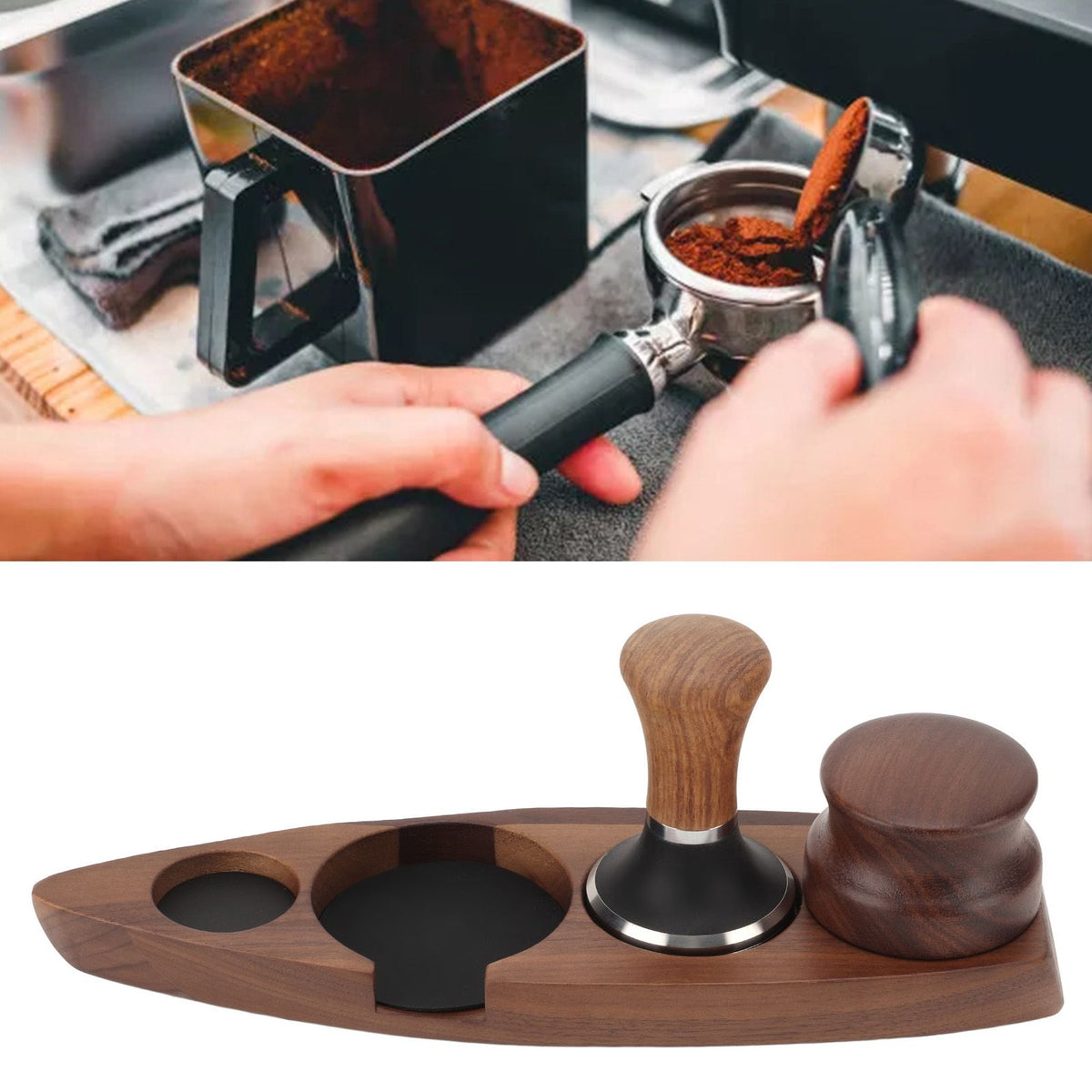 3pcs Coffee Tamper Holder Walnut Wood Rubber Stainless Steel Boat Shaped Distributor Rack Coffee Accessories For 51/53mm Base 53mm Tamper 53mm Distributor
