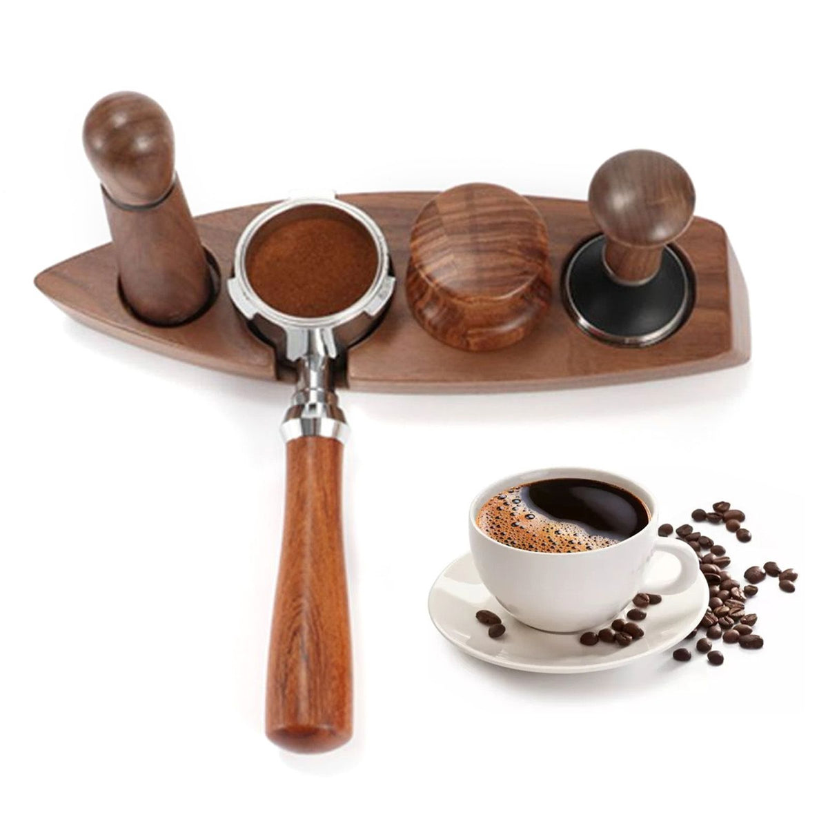 3pcs Coffee Tamper Holder Walnut Wood Rubber Stainless Steel Boat Shaped Distributor Rack Coffee Accessories For 51/53mm Base 53mm Tamper 53mm Distributor