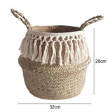 Natural Seagrass Storage Basket Foldable Woven Laundry Basket Handmade Straw Basket - Front View