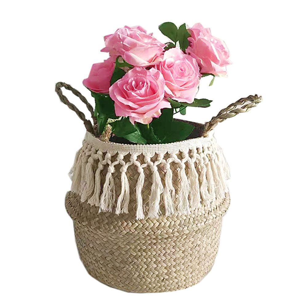 Natural Seagrass Storage Basket Foldable Woven Laundry Basket Handmade Straw Basket