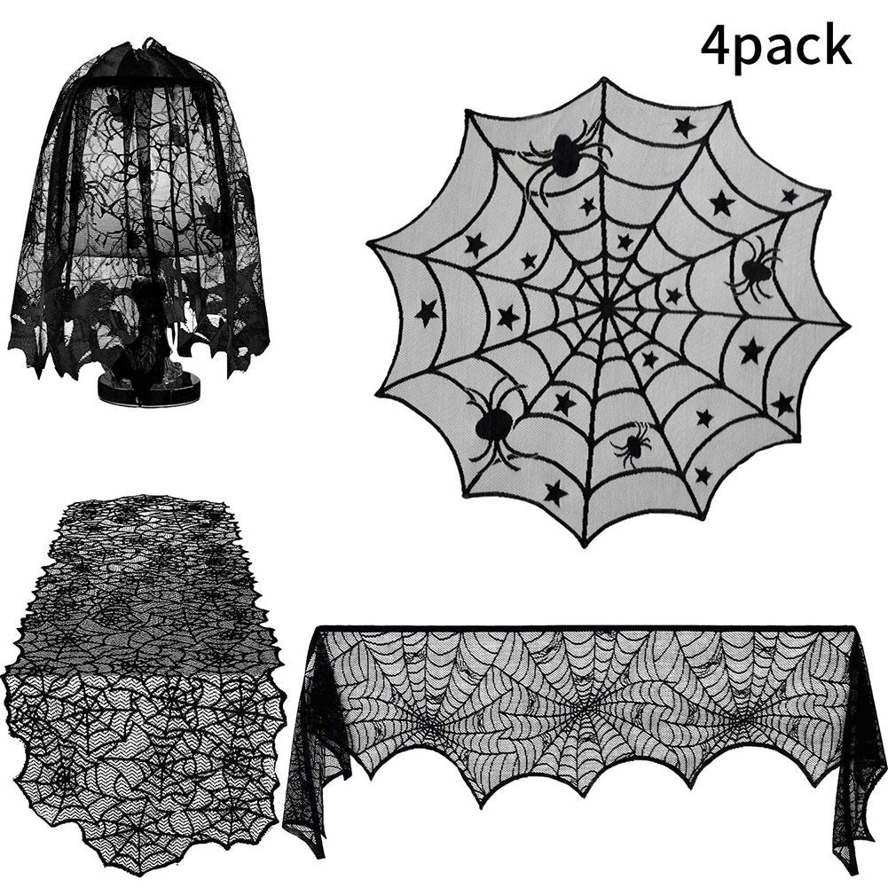 4PCS Halloween Tablecloth Bat Spider Webst Lace Cloth and Lamps Cover Halloween Decoration
