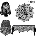 4PCS Halloween Tablecloth Bat Spider Webst Lace Cloth and Lamps Cover Halloween Decoration