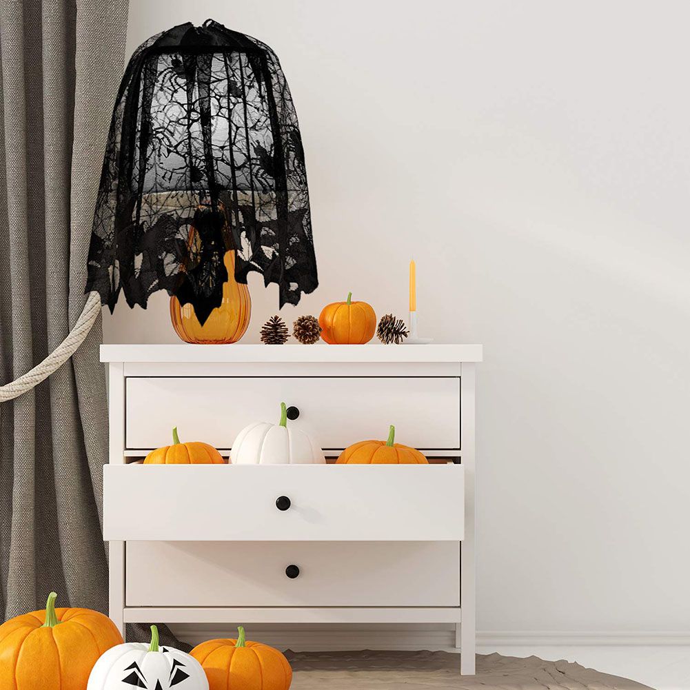 4PCS Halloween Tablecloth Bat Spider Webst Lace Cloth and Lamps Cover Halloween Decoration