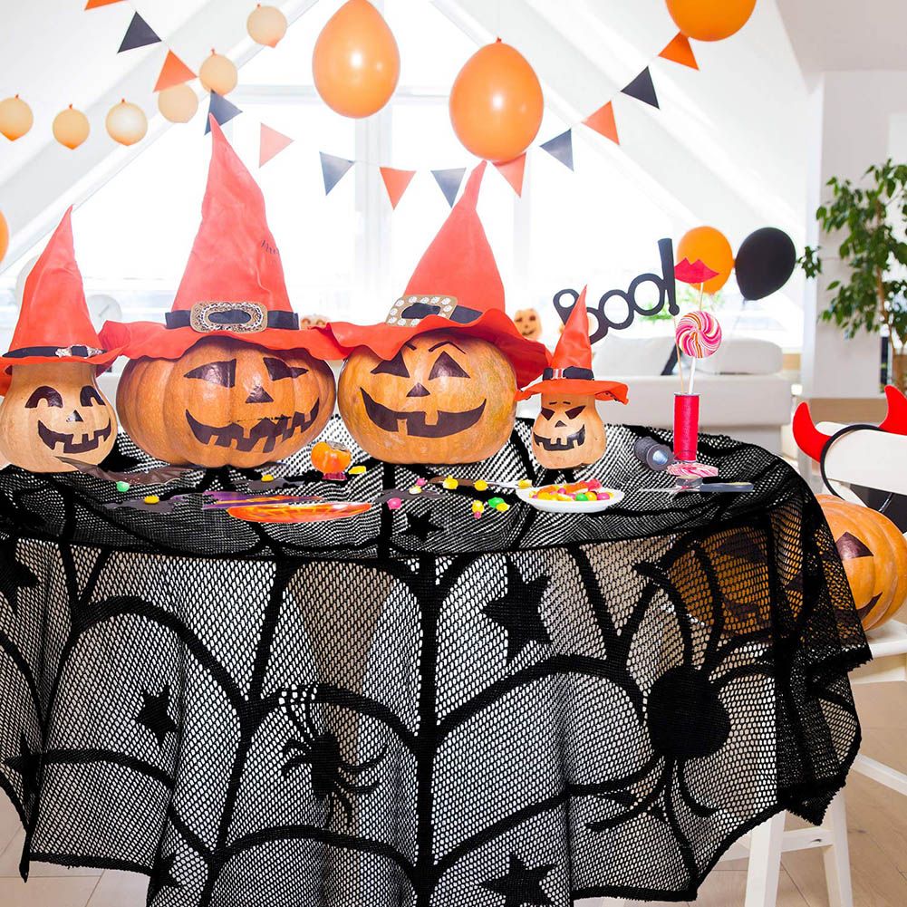 4PCS Halloween Tablecloth Bat Spider Webst Lace Cloth and Lamps Cover Halloween Decoration