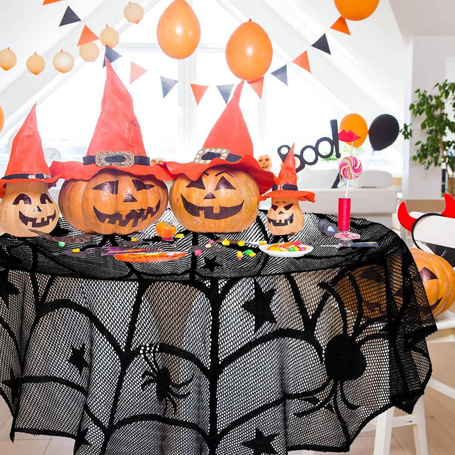 4PCS Halloween Tablecloth Bat Spider Webst Lace Cloth and Lamps Cover Halloween Decoration