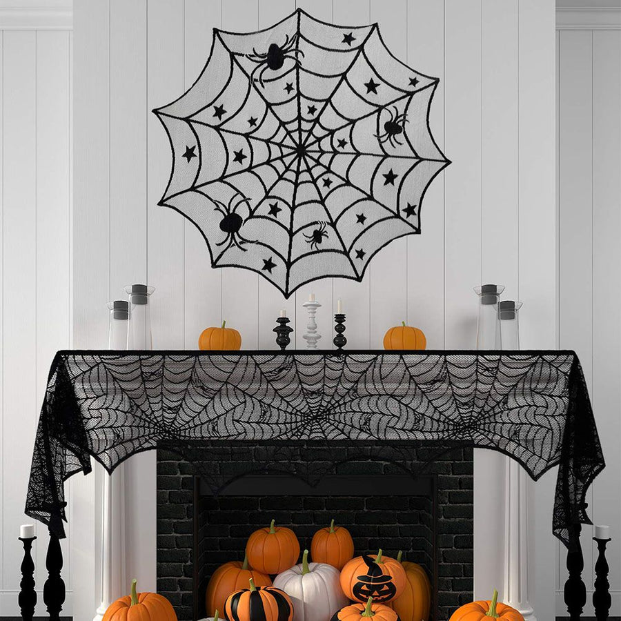 4PCS Halloween Tablecloth Bat Spider Webst Lace Cloth and Lamps Cover Halloween Decoration