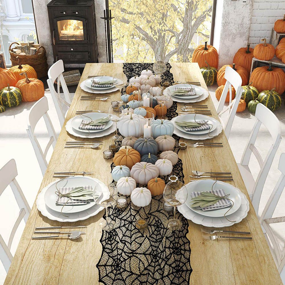 4PCS Halloween Tablecloth Bat Spider Webst Lace Cloth and Lamps Cover Halloween Decoration