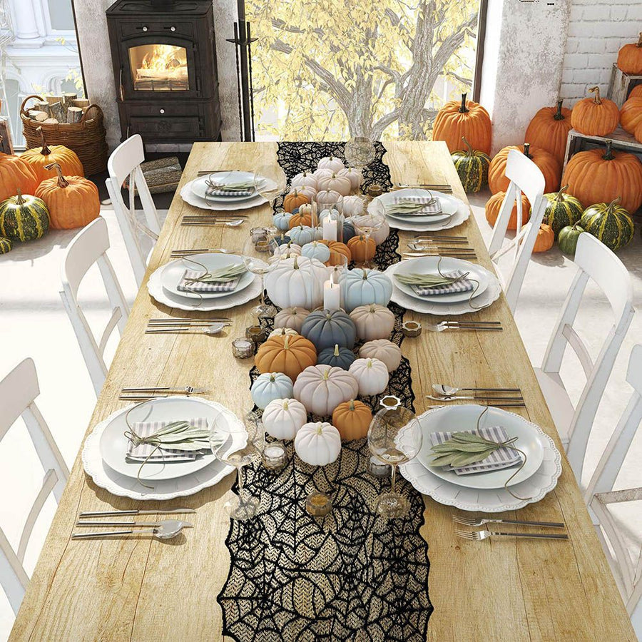 4PCS Halloween Tablecloth Bat Spider Webst Lace Cloth and Lamps Cover Halloween Decoration