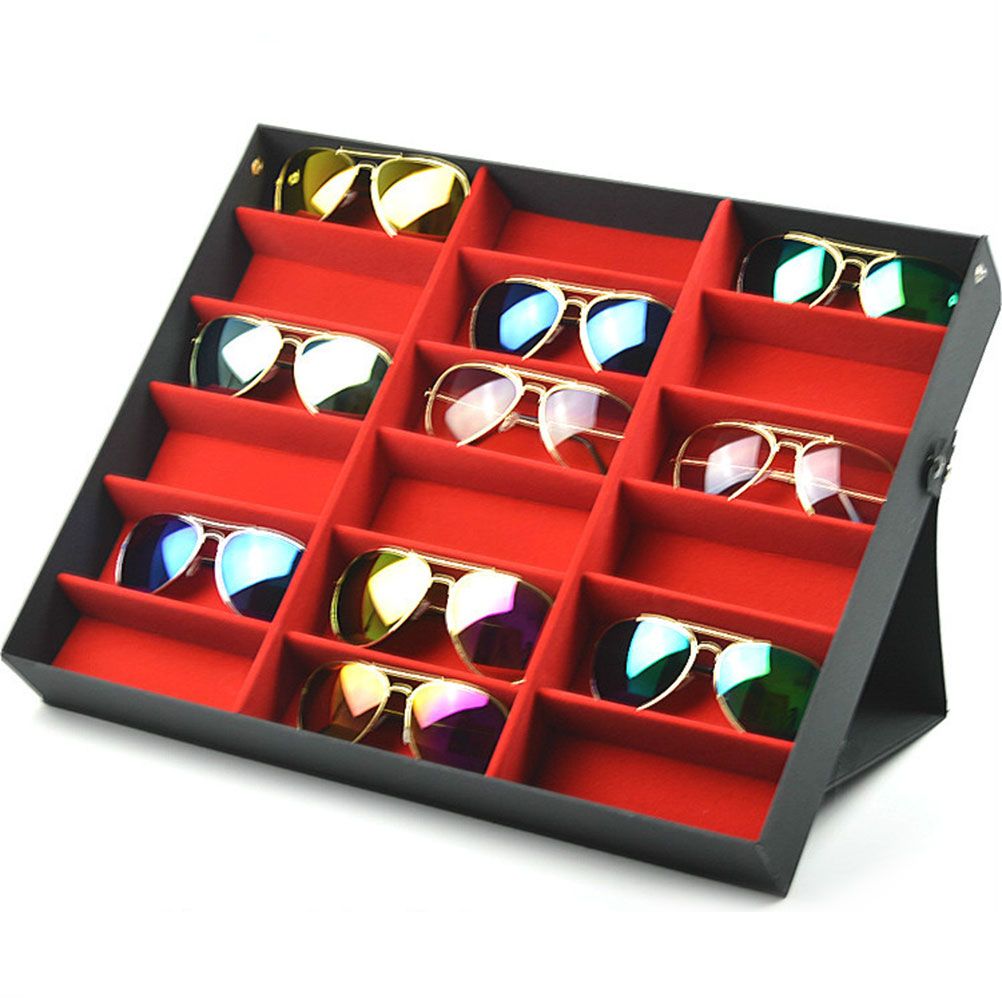18 Grids PU Leather Eyeglass Glass Display Storage Cases Folding Cover Sunglasses Box Organizer Holder