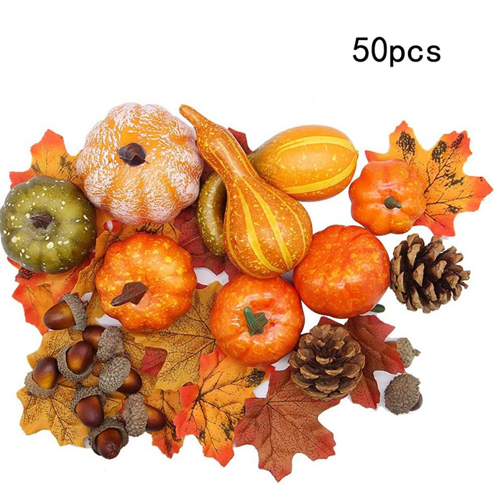 50pcs Halloween Decor Props Artificial Mini Pumpkin Berries Maple Leaf DIY Craft for Halloween Party Decoration