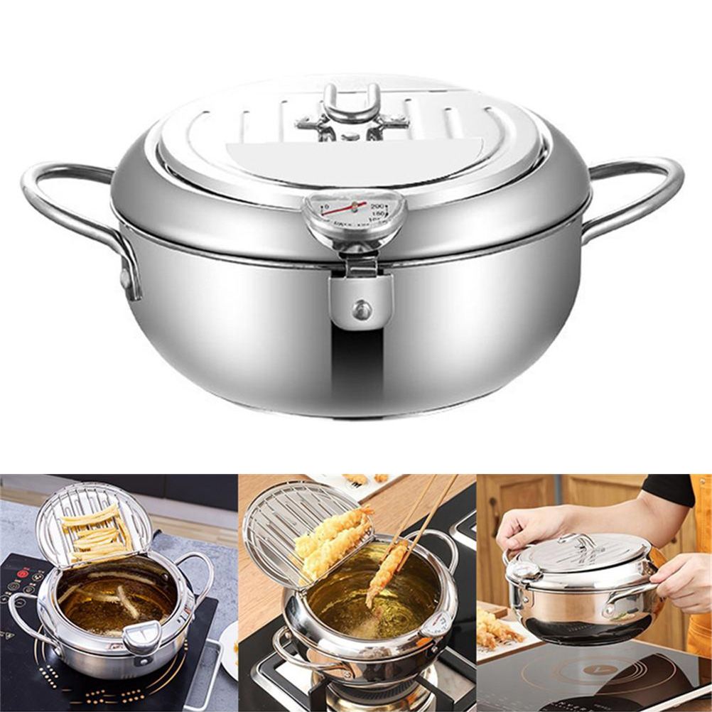 Stainless Steel Deep Frying Pan Japanese Tempura Fryer with Thermometer Control Non Stick Frying Pan for Kitchen