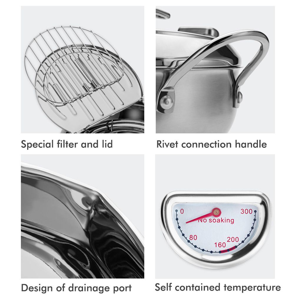 Stainless Steel Deep Frying Pan Japanese Tempura Fryer with Thermometer Control Non Stick Frying Pan for Kitchen