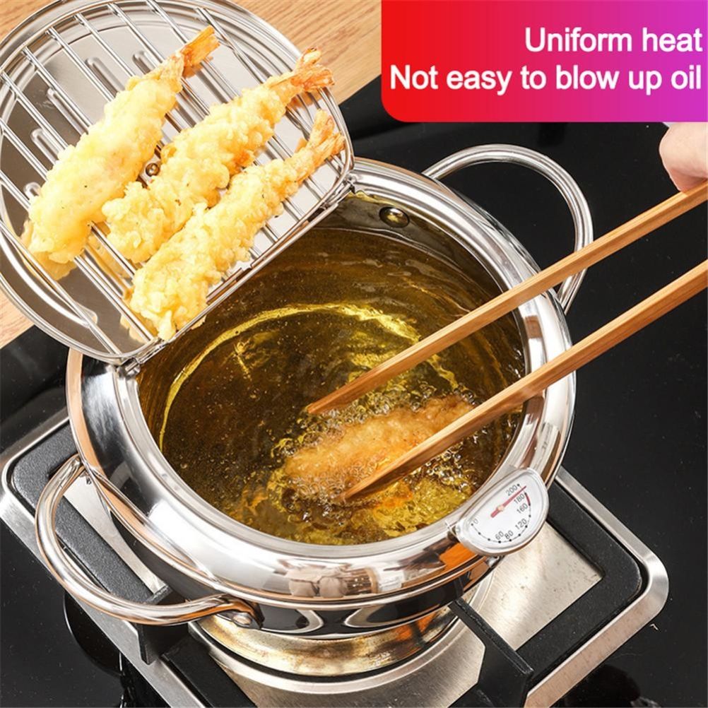 Stainless Steel Deep Frying Pan Japanese Tempura Fryer with Thermometer Control Non Stick Frying Pan for Kitchen