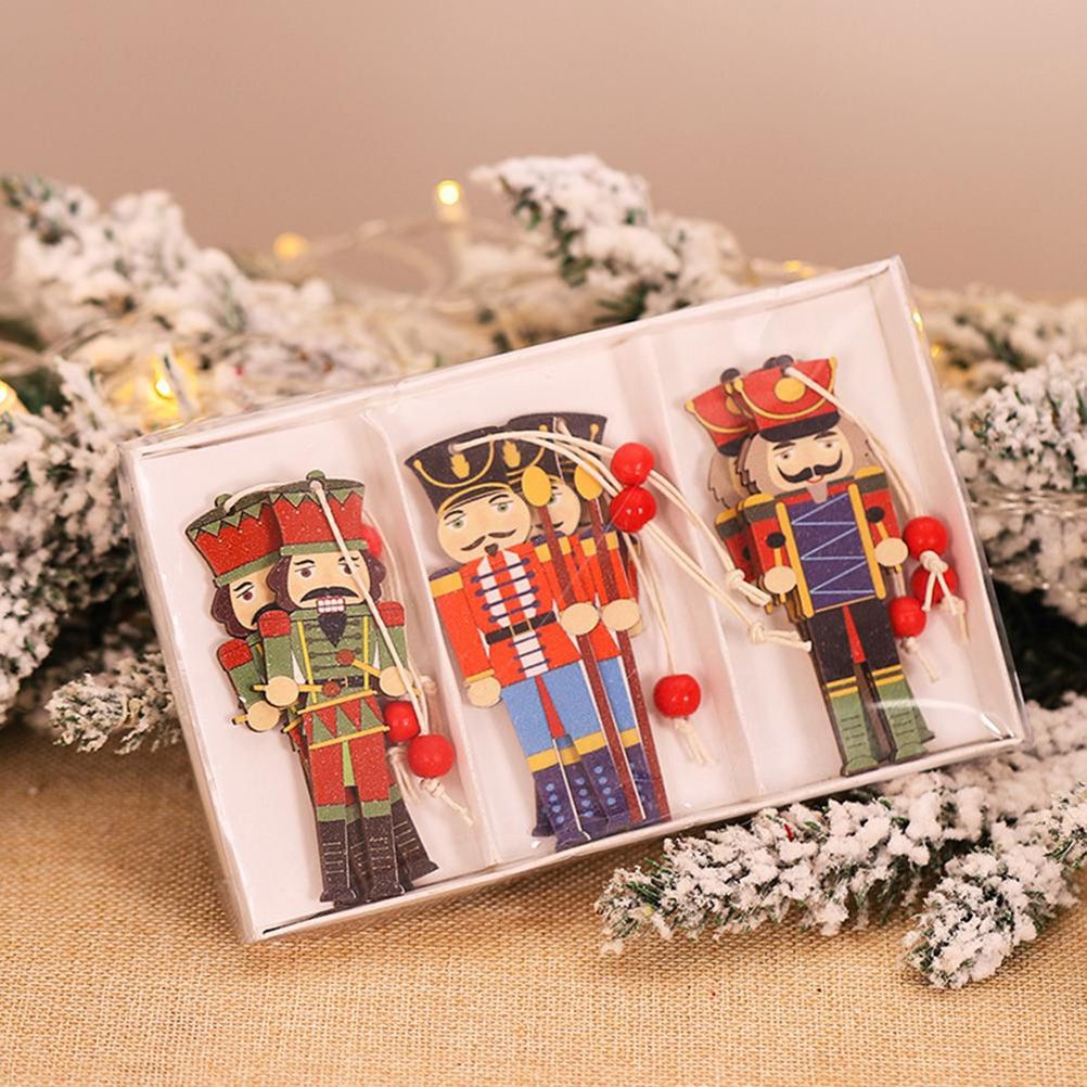 9Pcs Christmas Walnut Soldier Wooden Pendant Colorful Printed Wooden Pendant Christmas Tree Holiday Party Decorations