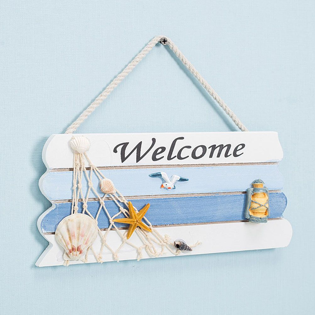 Wooden Mediterranean Ocean Nautical Welcome Sign with Star Fishes Shell for Home Bar Shop Door Decor