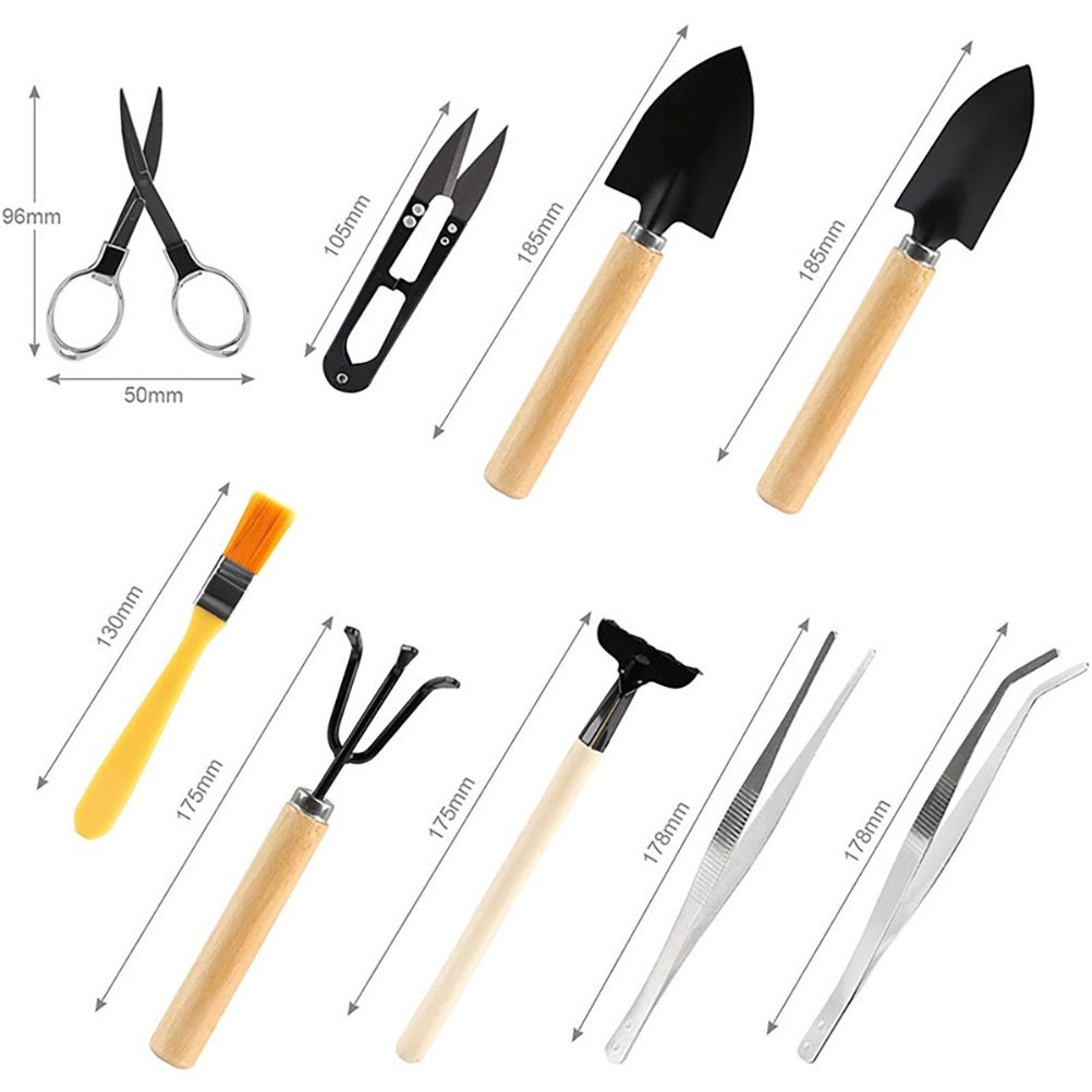 10 Pcs Gardening Bonsai Tools Set Succulent Garden Hand Tool Kit Plant Tool with Shovels Rakes Fork Scissor Cleaning Brush