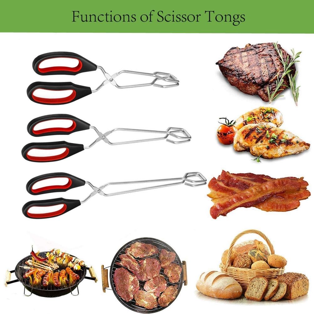 3PCS Scissor Tongs 12Inch/ 11Inch/ 9Inch Barbecue Scissor Tong Stainless Steel Tongs with Plastic Silicone Kitchen Baking Grilling Wire Tongs