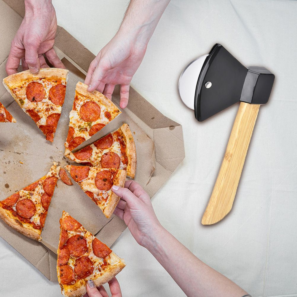 Axe Pizza Cutter with Bamboo Handle Pizza Wheel Grater Rotating Blade Pizza Knife