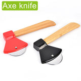 Axe Pizza Cutter with Bamboo Handle Pizza Wheel Grater Rotating Blade Pizza Knife - Side View