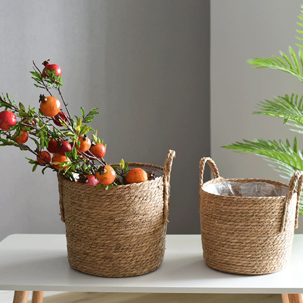 Flower Pots Seagrass Plant Basket with Handle Indoor Woven Flower Pot Toy Storage Container for Gardens Wedding Decoration
