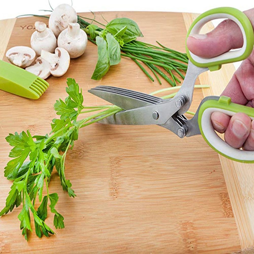Herb Scissors with 5 Blades Kitchen Gadgets Cutter Chopper and Mincer Multipurpose Kitchen Scissors with Cover Brush Leaf Peeler