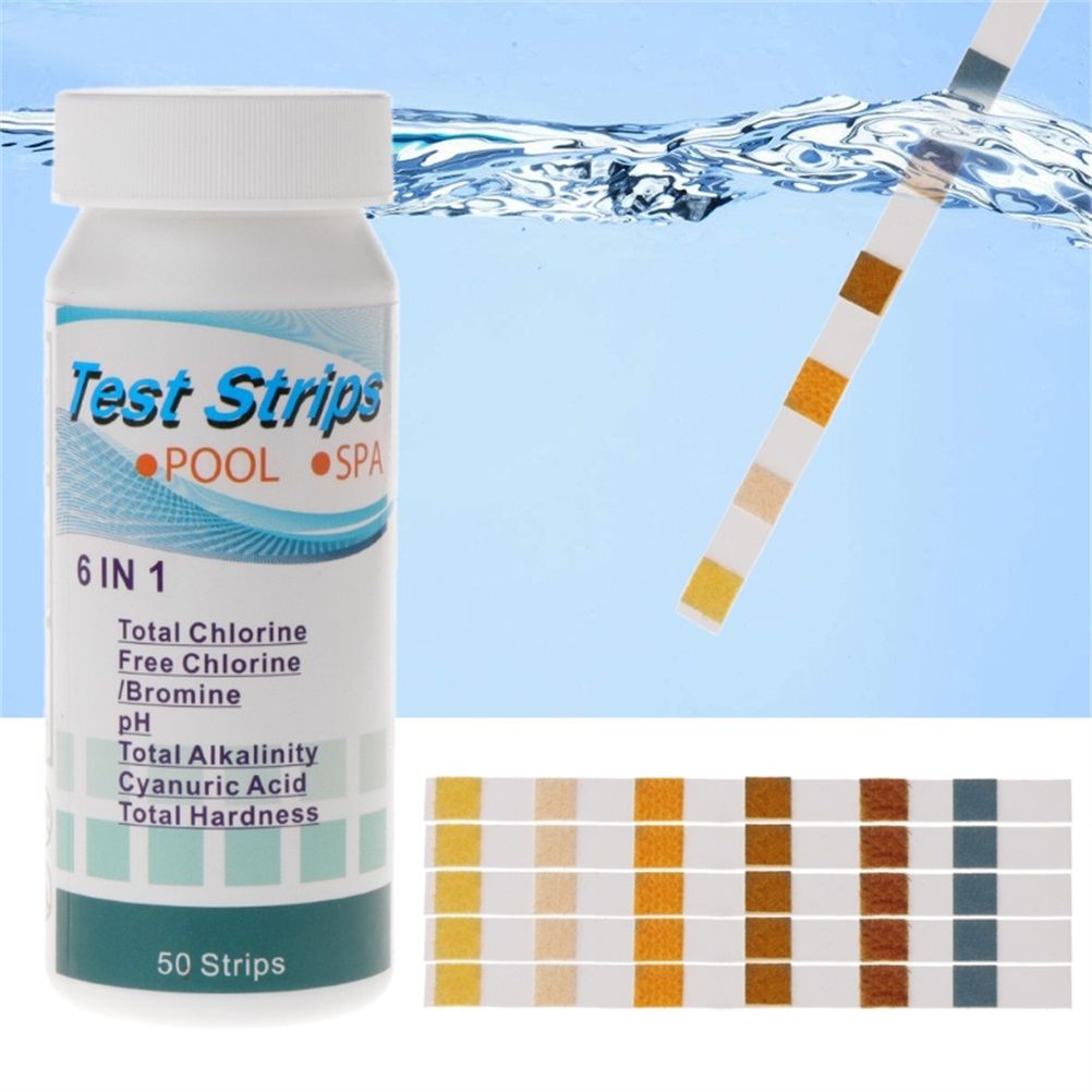 6 in 1 Water Test Strips Water Quality Testing Stripes in Pool Spas for Total Chlorine Free Chlorine Bromine Total Alkalinity Cyanuric Acid and Total Hardness