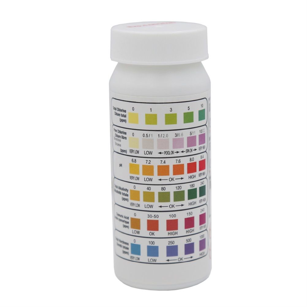 6 in 1 Water Test Strips Water Quality Testing Stripes in Pool Spas for Total Chlorine Free Chlorine Bromine Total Alkalinity Cyanuric Acid and Total Hardness