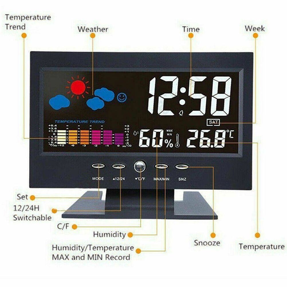 Intelligent Digital Display Weather Clock Wireless Temperature Humidity Meter with Calendar Large Screen Alarm Clock