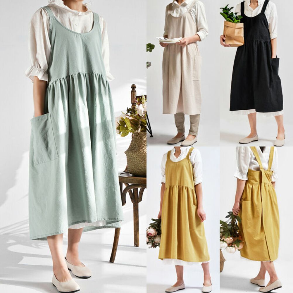 Women Kitchen Cooking Apron with 2 Front Pockets Cotton Linen Apron Coffee Shops Flower Shops Work Cleaning Aprons