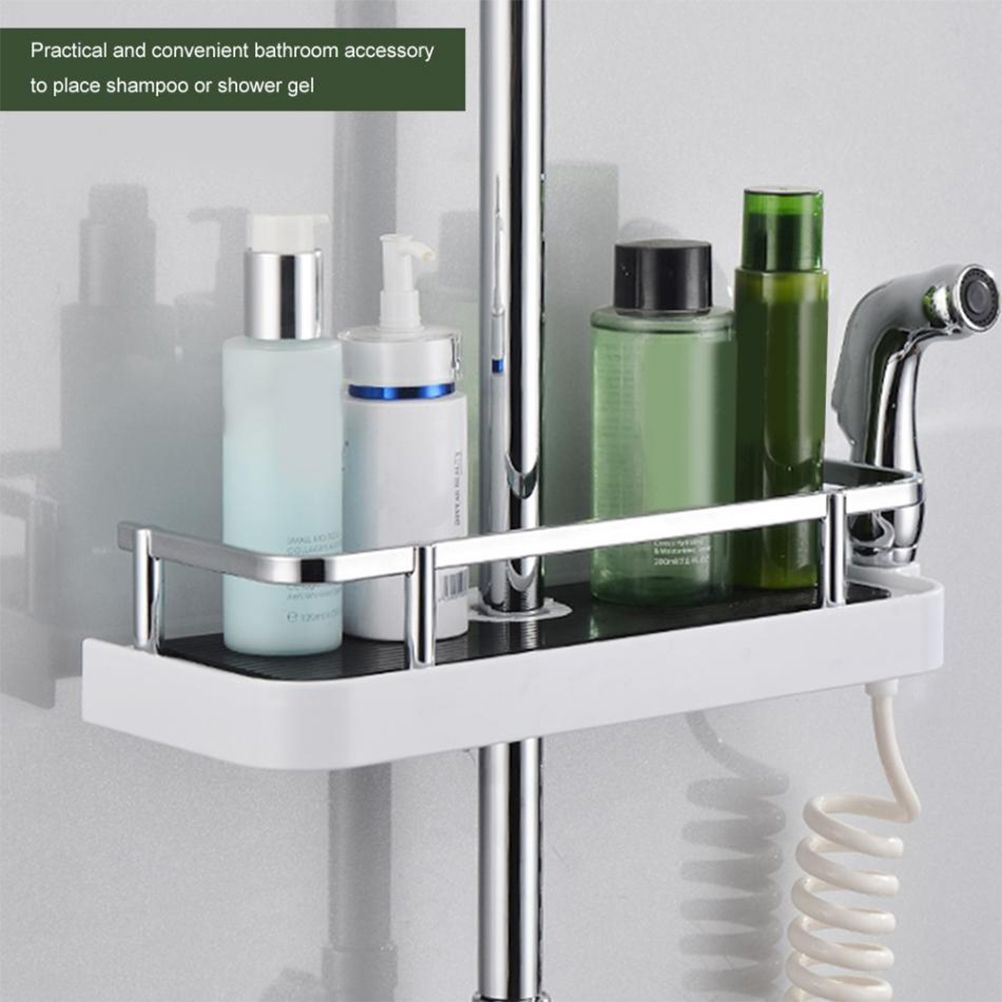 Adjustable Bathroom Shelf Rack Storage Holder Shower Rod Mounted Shampoo Gel Draining Organizer