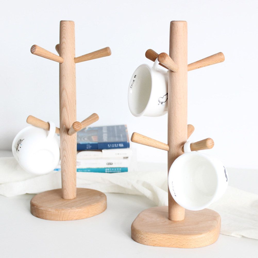 Wooden Tree Shape Mug Drying Cups Storage Rack Holder With 6 Hooks Home Kitchen Drain Hanger Stand