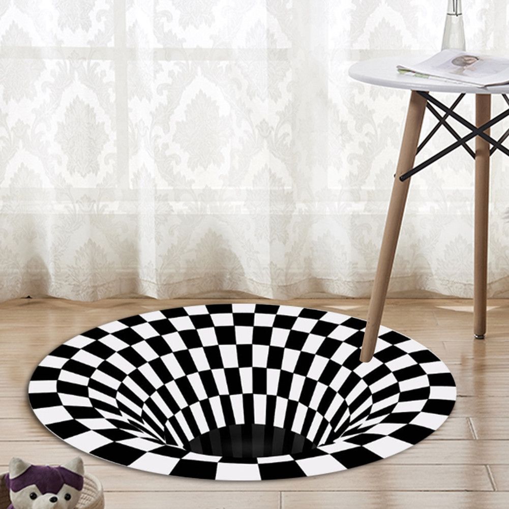 Round Black White Grid Carpet 3D Vortex Room Bedroom Anti Slip Floor Mats Home Carpet Rugs