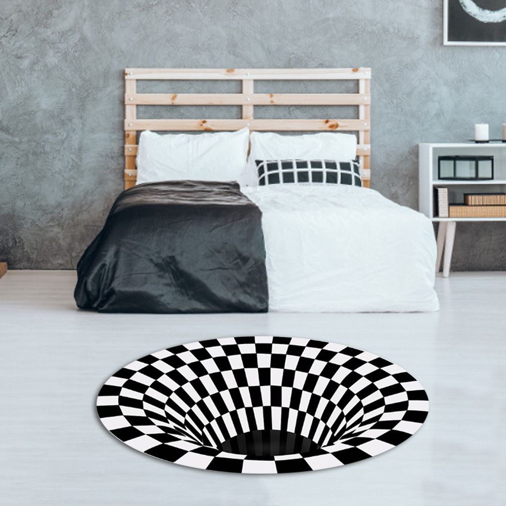Round Black White Grid Carpet 3D Vortex Room Bedroom Anti Slip Floor Mats Home Carpet Rugs