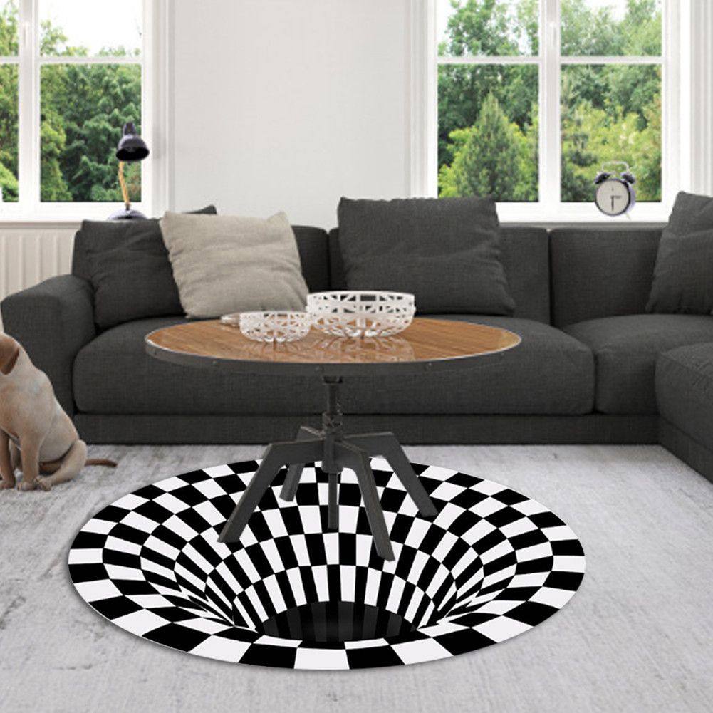 Round Black White Grid Carpet 3D Vortex Room Bedroom Anti Slip Floor Mats Home Carpet Rugs