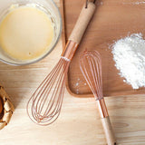 Wooden Handle Stainless Steel Whisk Egg Beater Rose Gold Mixing Cooking Tools Firm Durable Cream Frother Baking Utensils - Top-Down View
