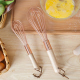 Wooden Handle Stainless Steel Whisk Egg Beater Rose Gold Mixing Cooking Tools Firm Durable Cream Frother Baking Utensils - 45-Degree Angle