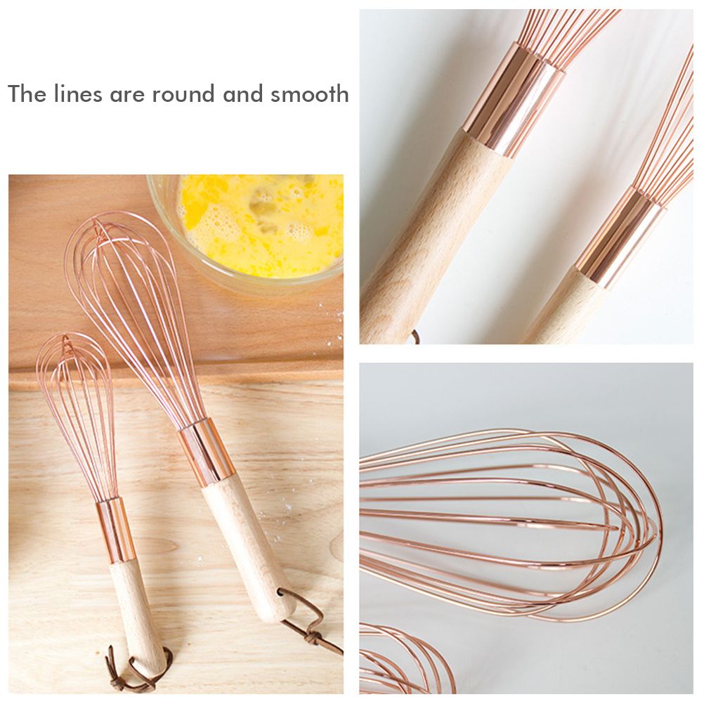 Wooden Handle Stainless Steel Whisk Egg Beater Rose Gold Mixing Cooking Tools Firm Durable Cream Frother Baking Utensils