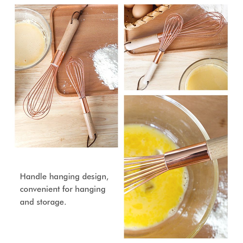 Wooden Handle Stainless Steel Whisk Egg Beater Rose Gold Mixing Cooking Tools Firm Durable Cream Frother Baking Utensils