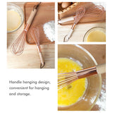 Wooden Handle Stainless Steel Whisk Egg Beater Rose Gold Mixing Cooking Tools Firm Durable Cream Frother Baking Utensils - Close-Up Angle