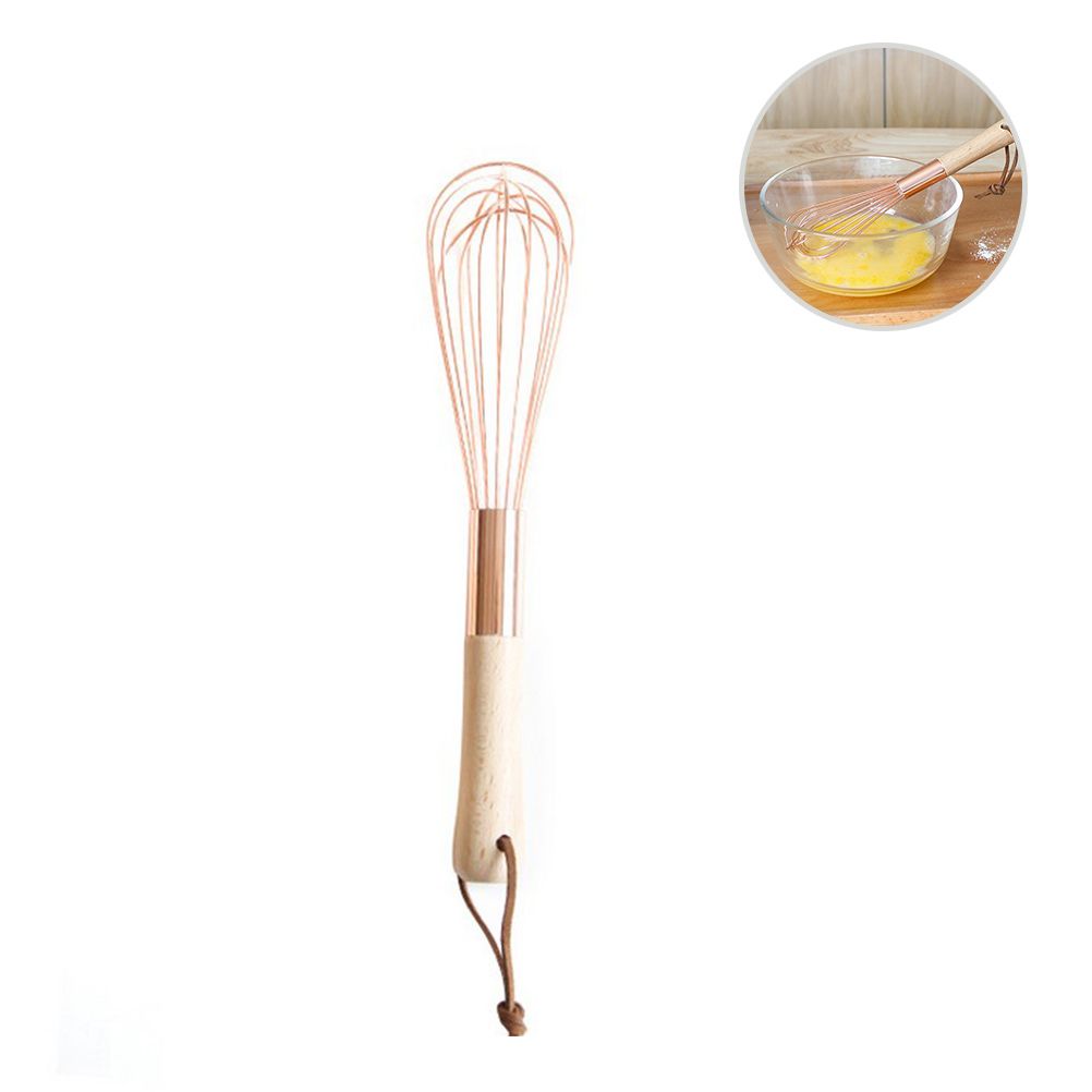 Wooden Handle Stainless Steel Whisk Egg Beater Rose Gold Mixing Cooking Tools Firm Durable Cream Frother Baking Utensils