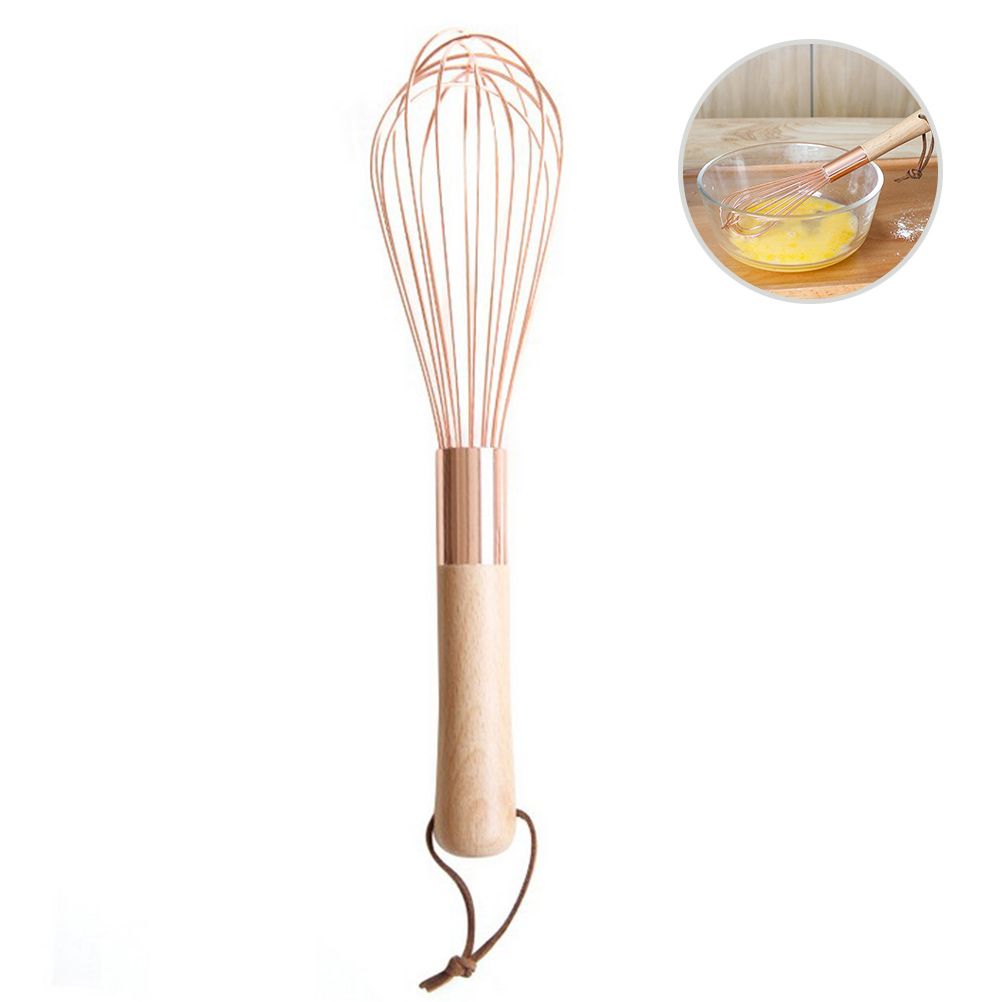 Wooden Handle Stainless Steel Whisk Egg Beater Rose Gold Mixing Cooking Tools Firm Durable Cream Frother Baking Utensils