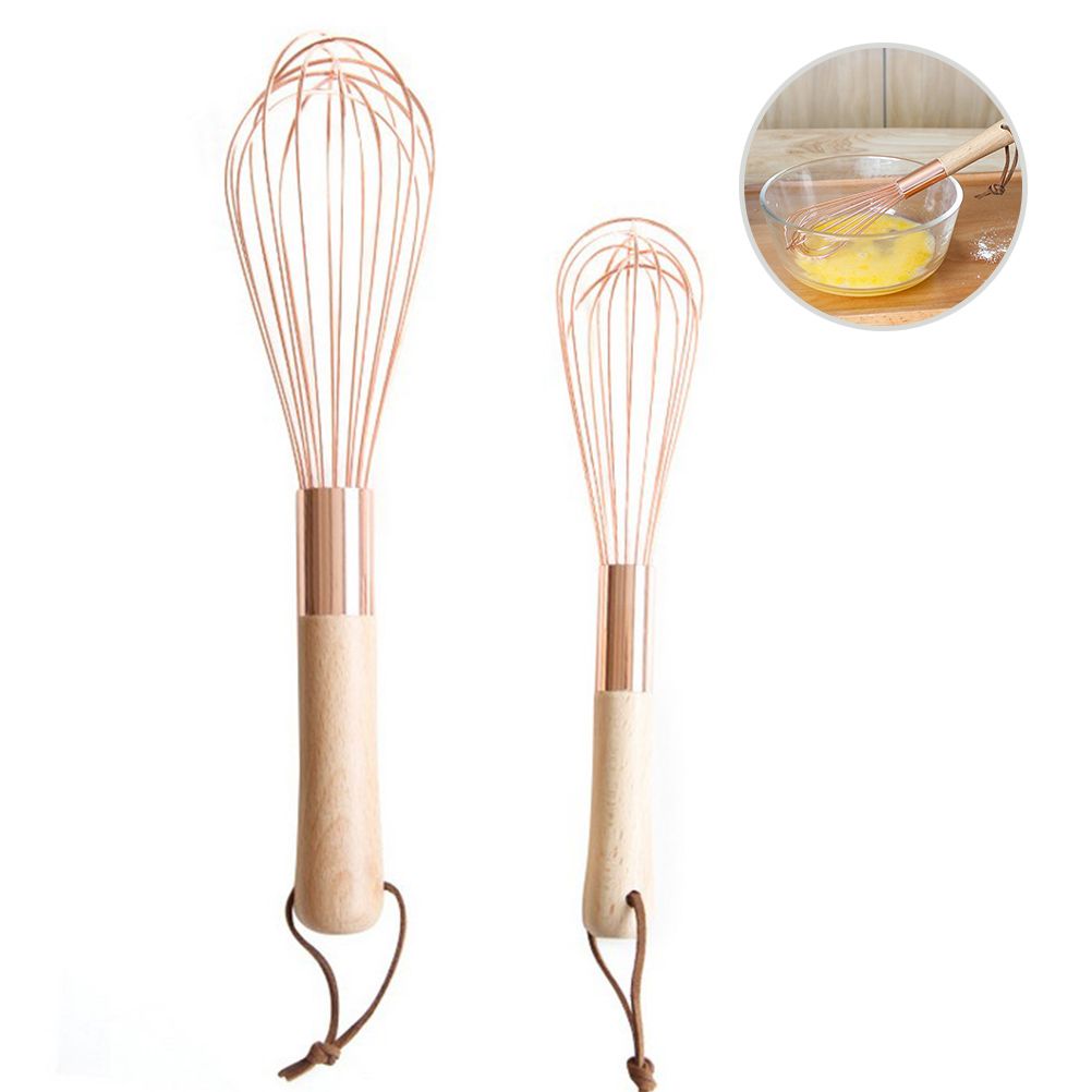 Wooden Handle Stainless Steel Whisk Egg Beater Rose Gold Mixing Cooking Tools Firm Durable Cream Frother Baking Utensils