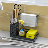 Kitchen Sink Caddy Organizer 304 Stainless Steel Sponge Soap Brushes Dispenser Holder with Rag Rack Suction Cups Dishcloth Holder with Drain Pan - Front View