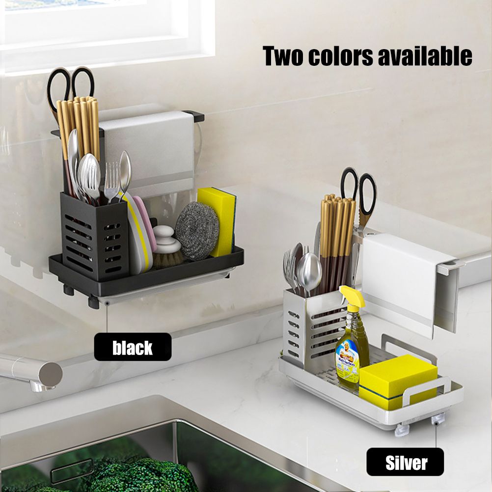 Kitchen Sink Caddy Organizer 304 Stainless Steel Sponge Soap Brushes Dispenser Holder with Rag Rack Suction Cups Dishcloth Holder with Drain Pan