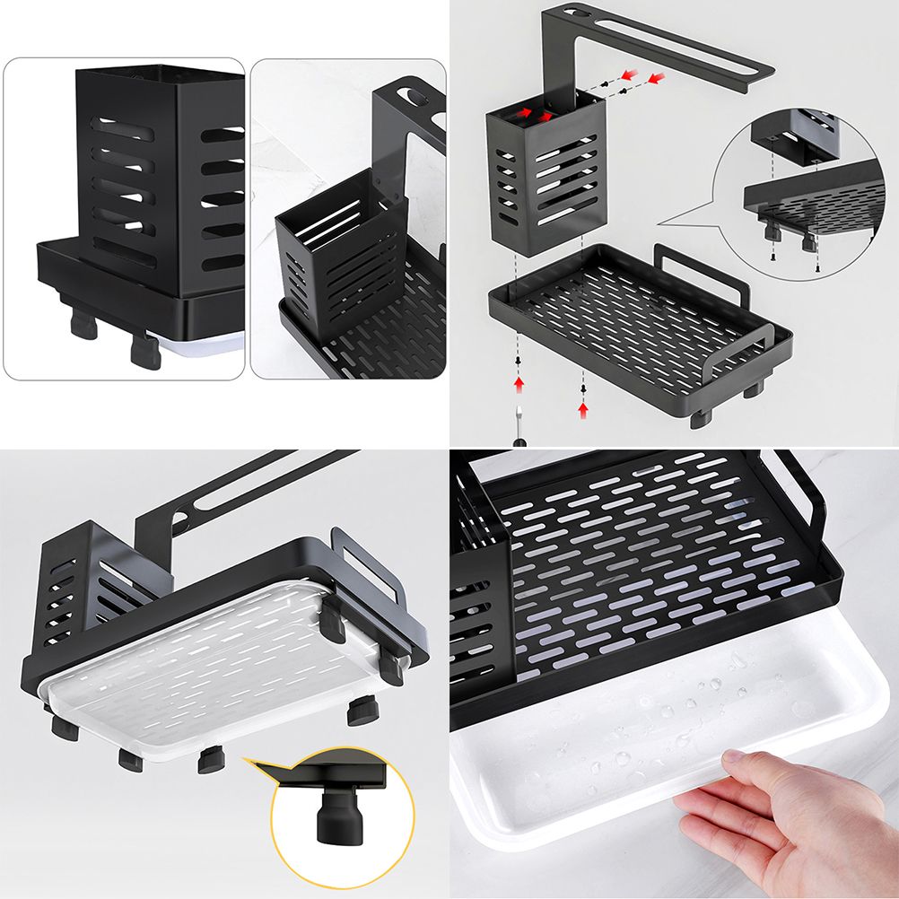 Kitchen Sink Caddy Organizer 304 Stainless Steel Sponge Soap Brushes Dispenser Holder with Rag Rack Suction Cups Dishcloth Holder with Drain Pan