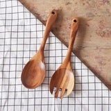 2Pcs/Set Wooden Salad Servers Salad Spoon and Fork Set Cooking Utensils - Rear View