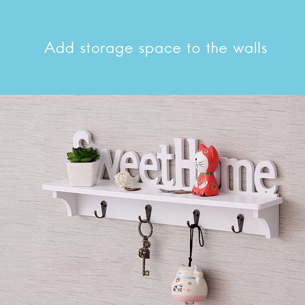Sweet Home Wooden Wall Mounted Coat Hook Wall Hook with Shelf Keyboard and Four Hooks Home Decor