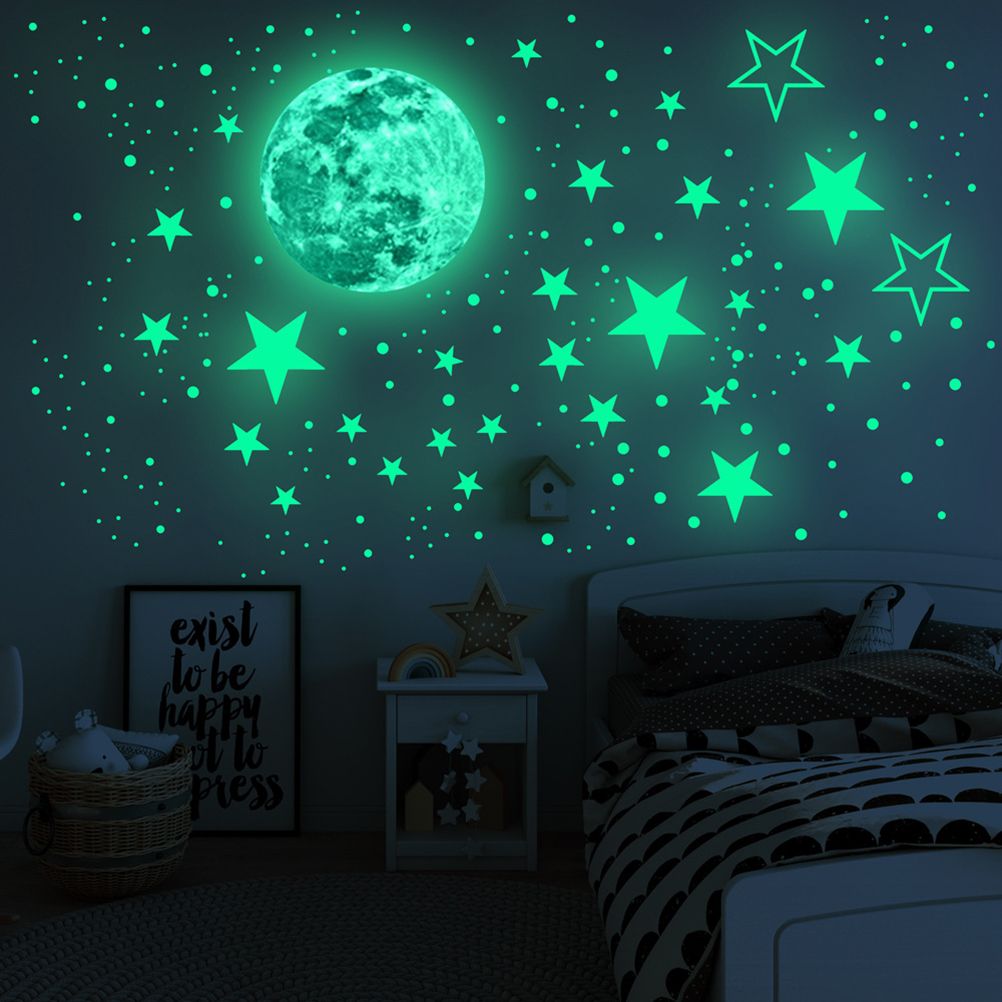 3D Wall Stickers Luminous Dots and Moon Wall Decals Fluorescent and Moon Wall Decor for Kids Nursery Bedroom Ceiling