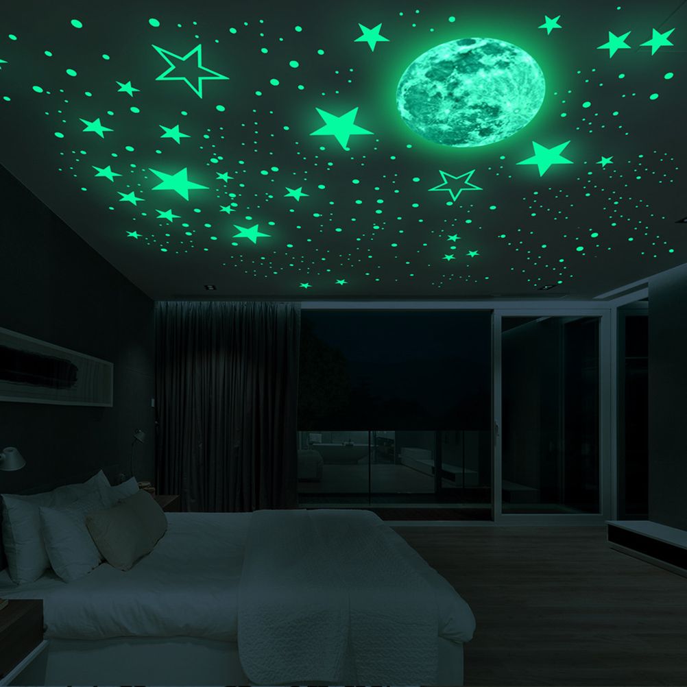 3D Wall Stickers Luminous Dots and Moon Wall Decals Fluorescent and Moon Wall Decor for Kids Nursery Bedroom Ceiling