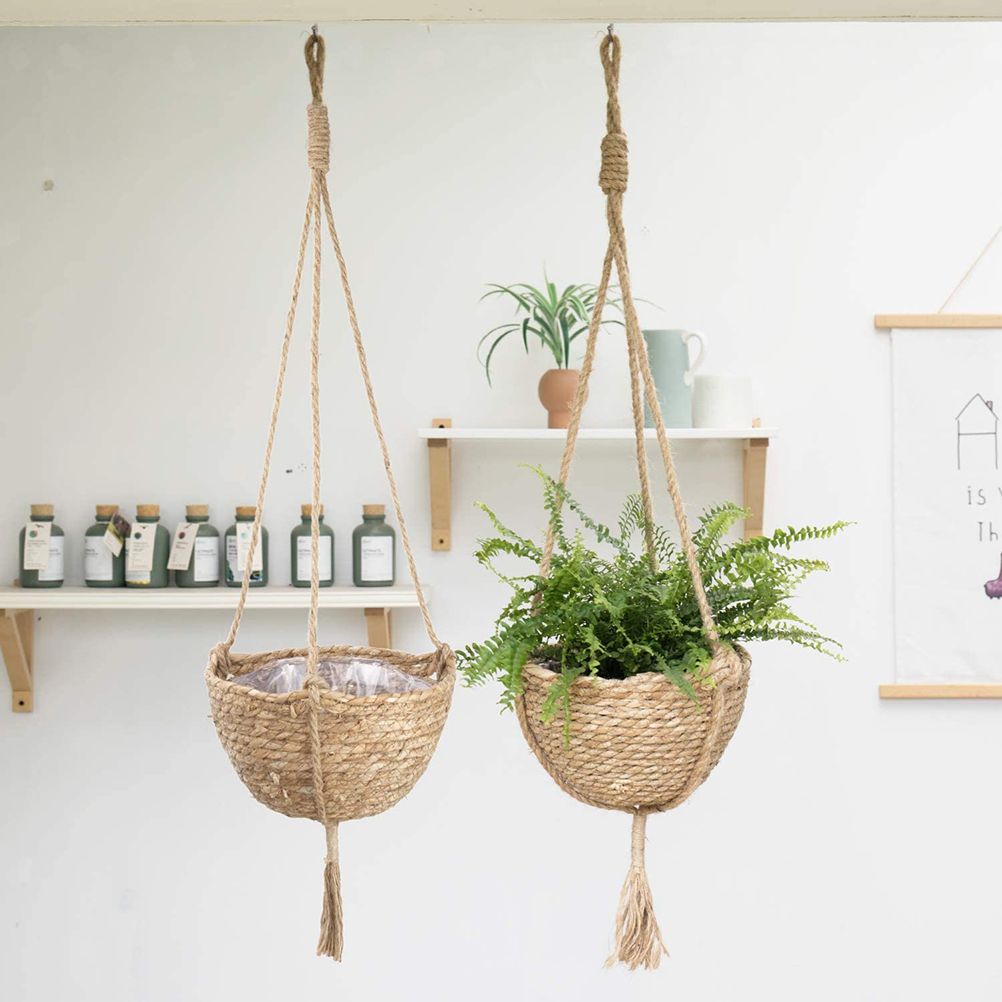 Natural Hanging Seagrass Plant Baskets Dural Layer Flower Planting Basket Holder Garden Decor